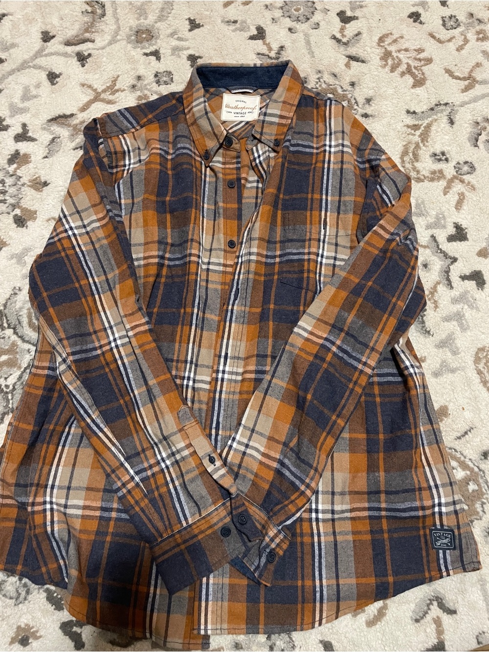 Weatherproof Men's Plaid Button-Down Shirt/Flannel in Navy & Burnt Orange